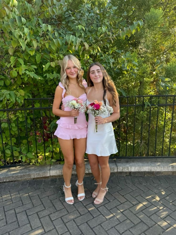 Rosa Etui-Mini-Heimkehrkleid mit Rüschen J8302