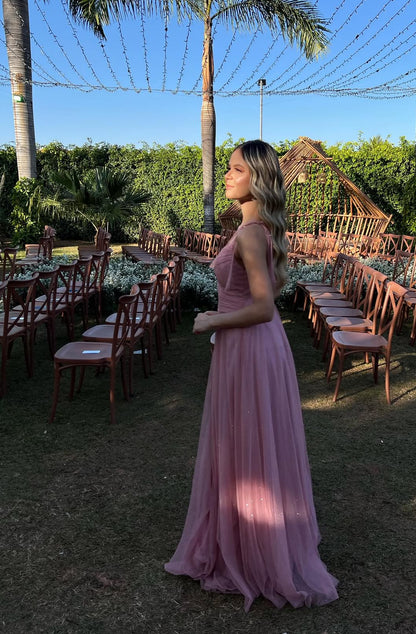 Robe de demoiselle d'honneur rose coupe trapèze, col en V, robe de bal J7763