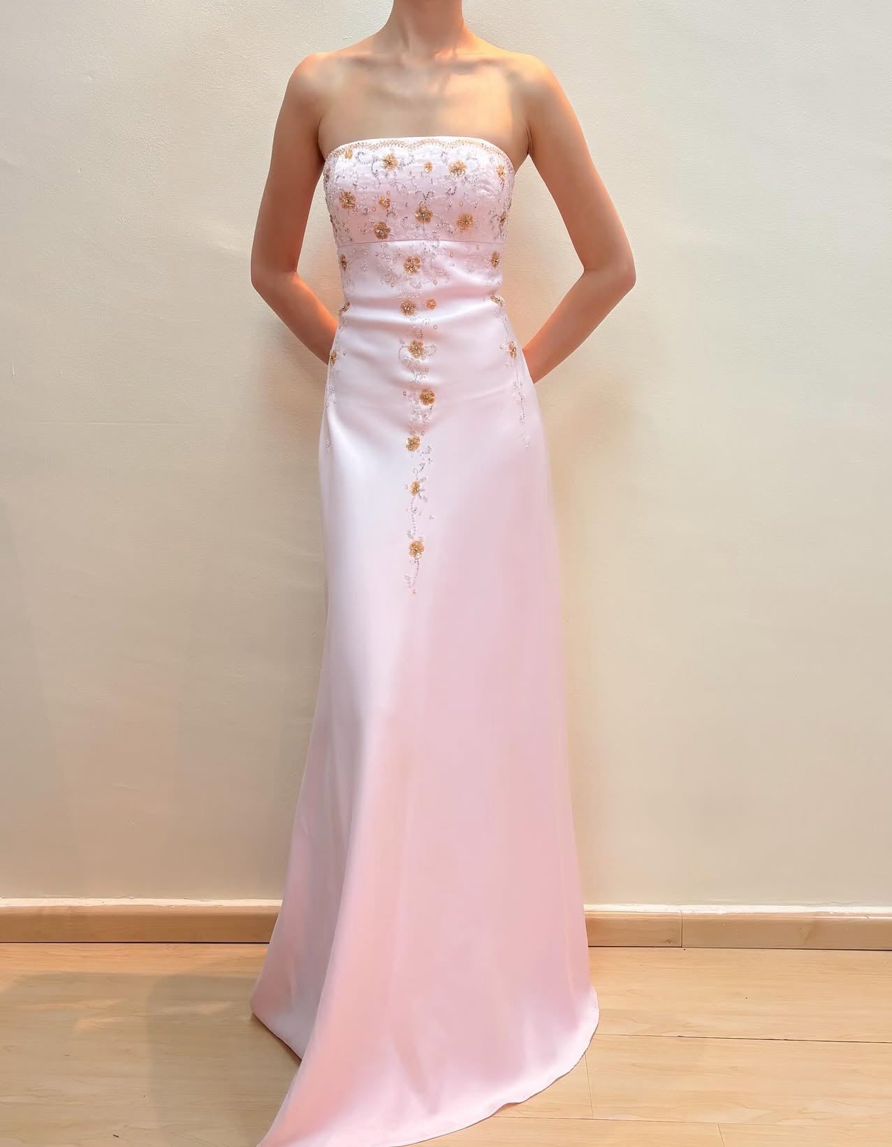 Beaded Strapless Pink Long Prom Dress Vintage Evening Dress J8576