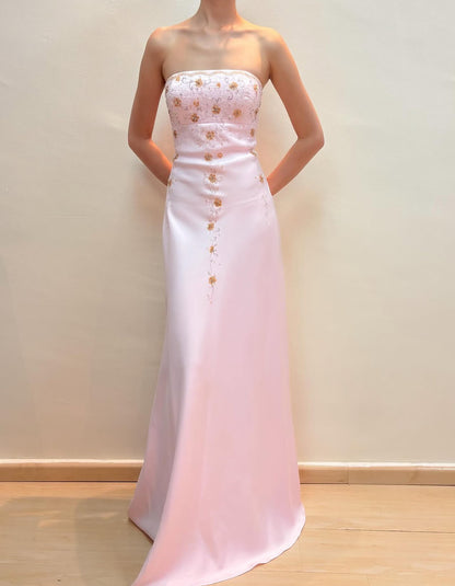 Beaded Strapless Pink Long Prom Dress Vintage Evening Dress J8576