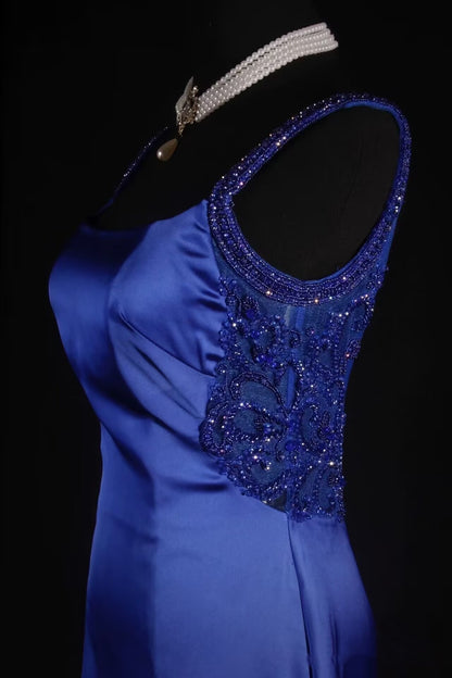Robe de bal longue et élégante, dos nu, bleu roi, avec perles, J8048