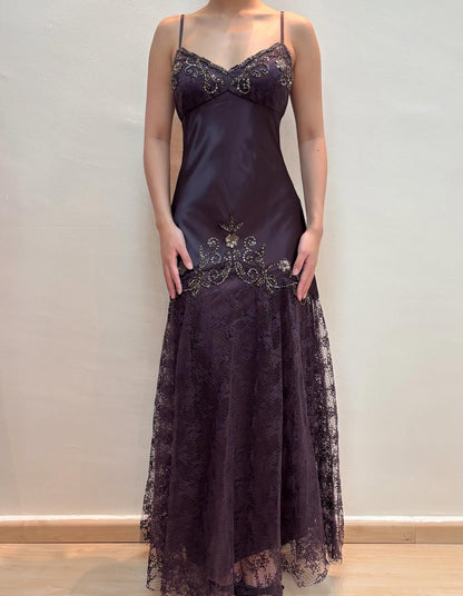Spaghetti Straps Dark Purple Lace Vintage Dress Beaded Evening Party Dress J8564