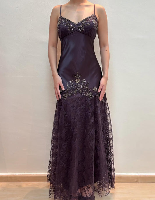 Spaghetti Straps Dark Purple Lace Vintage Dress Beaded Evening Party Dress J8564