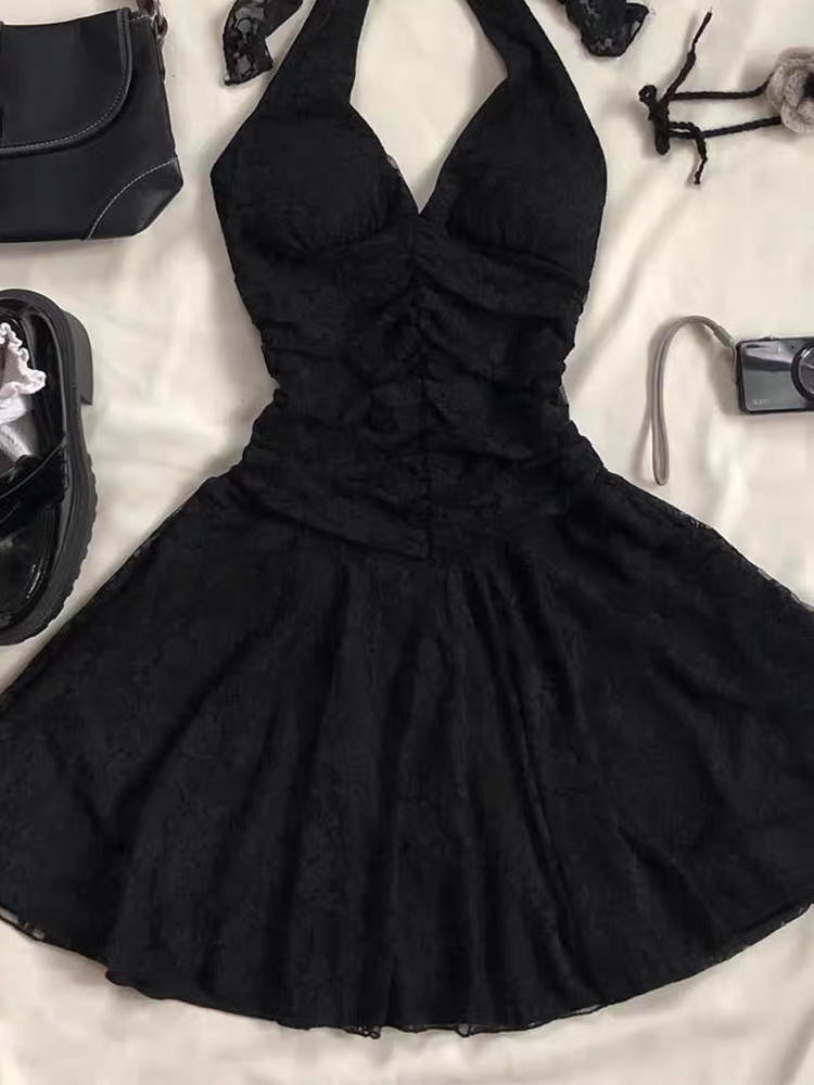 Neckholder A-Linie Schwarzes Spitzen-Minikleid Homecoming-Kleid Geburtstagsoutfit J7475