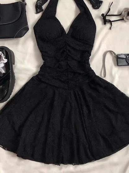 Neckholder A-Linie Schwarzes Spitzen-Minikleid Homecoming-Kleid Geburtstagsoutfit J7475