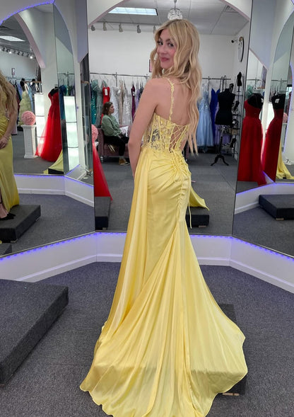 Gelbes langes Meerjungfrau-Abschlussballkleid mit Schlitzapplikation J7910