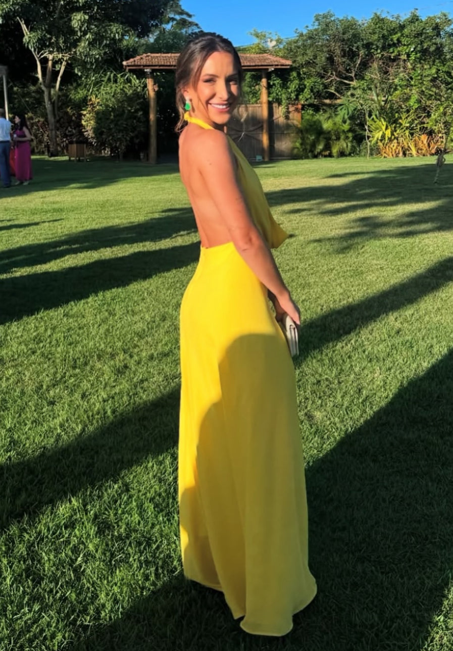 Robe de soirée de mariage en mousseline jaune à col licou J7405