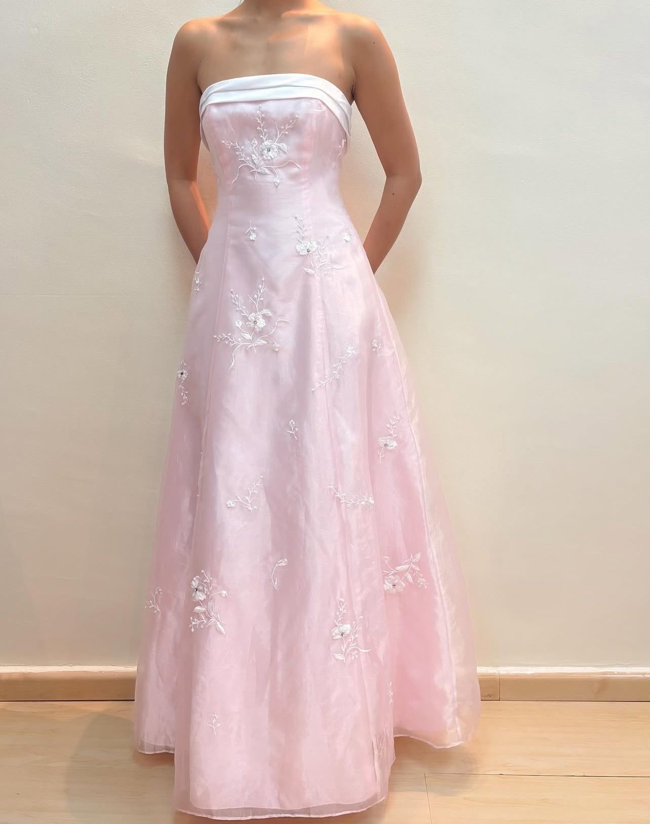Strapless A Line Pink Long Prom Dress Applique Formal Party Dress J8585