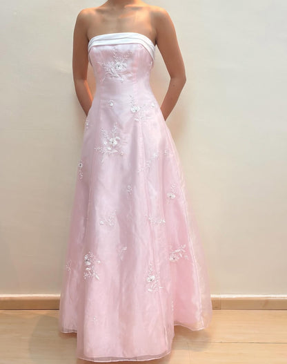 Strapless A Line Pink Long Prom Dress Applique Formal Party Dress J8585