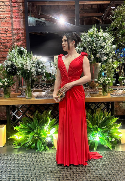 Robe de soirée rouge à col en V pour invité de mariage J7191
