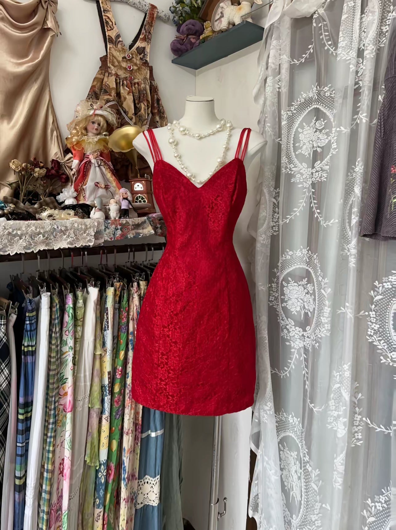 Robe fourreau rouge en dentelle, robe de bal courte avec nœud J8485