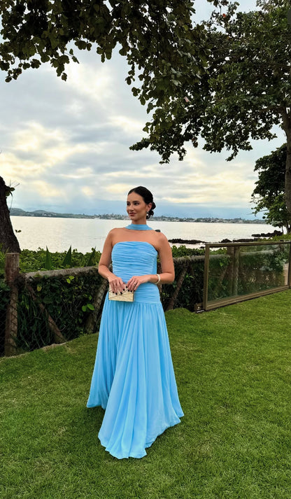 Robe de bal bleue bustier coupe trapèze, robe de soirée formelle pour invité de mariage J7038