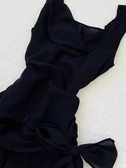 Schwarzes Chiffon-Mini-Heimkehrkleid, kurzes Ballkleid J7473