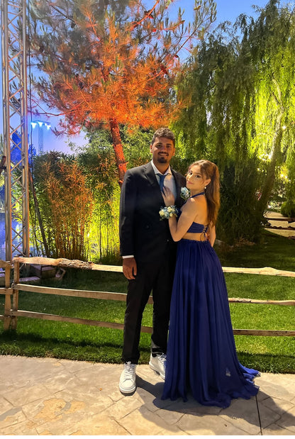 Robe de soirée sexy bleu roi à col licou et coupe trapèze pour invité de mariage J7150