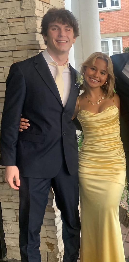 Spaghettiträger Gelb Langes Ballkleid Satin Abendkleid J7875