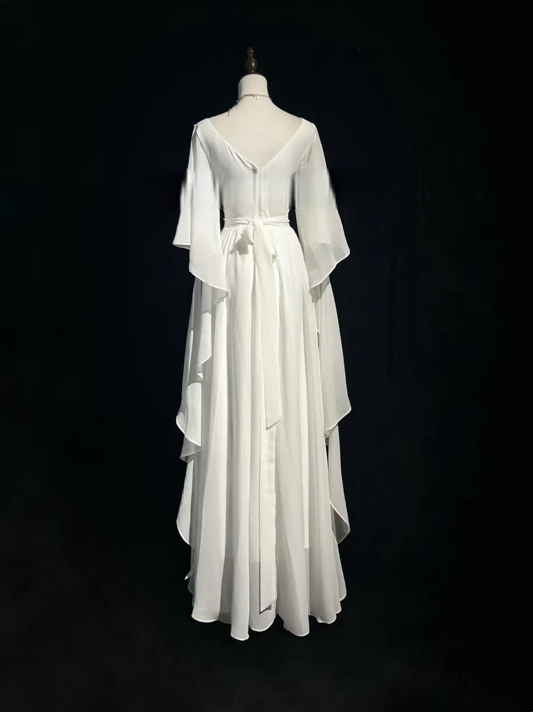 A Line White Chiffon Modest Wedding Dress Ruffled Evening Gown  J10845
