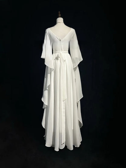 A Line White Chiffon Modest Wedding Dress Ruffled Evening Gown  J10845
