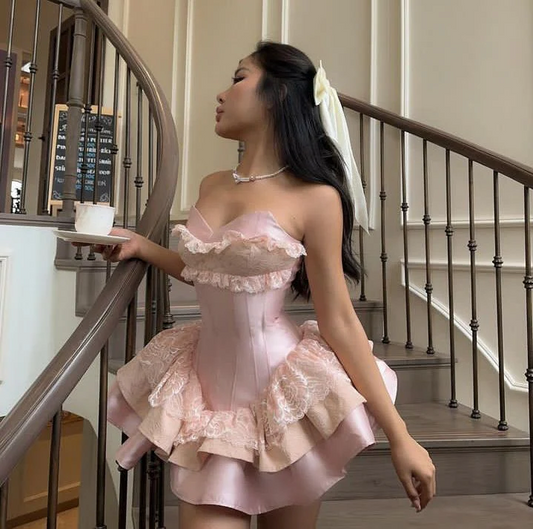 Pink Short Prom Dress with Lace Sweetheart Mini Birthday Dress J8386