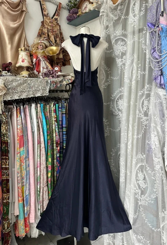Vintage Halter Long Prom Party Dresses Mermaid  Evening Dress J8871