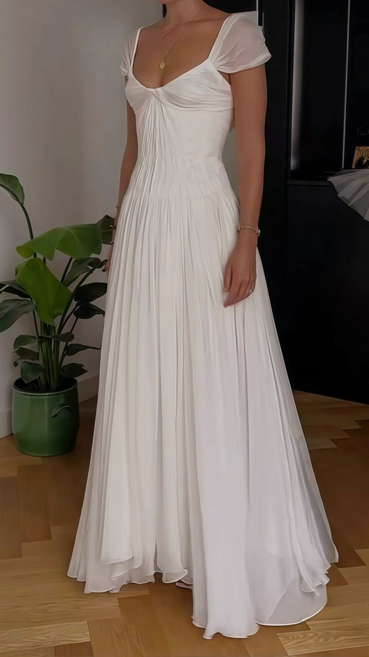 White Pleated Wedding Dress Evening Party Dress Chiffon Bridal Gown J8171