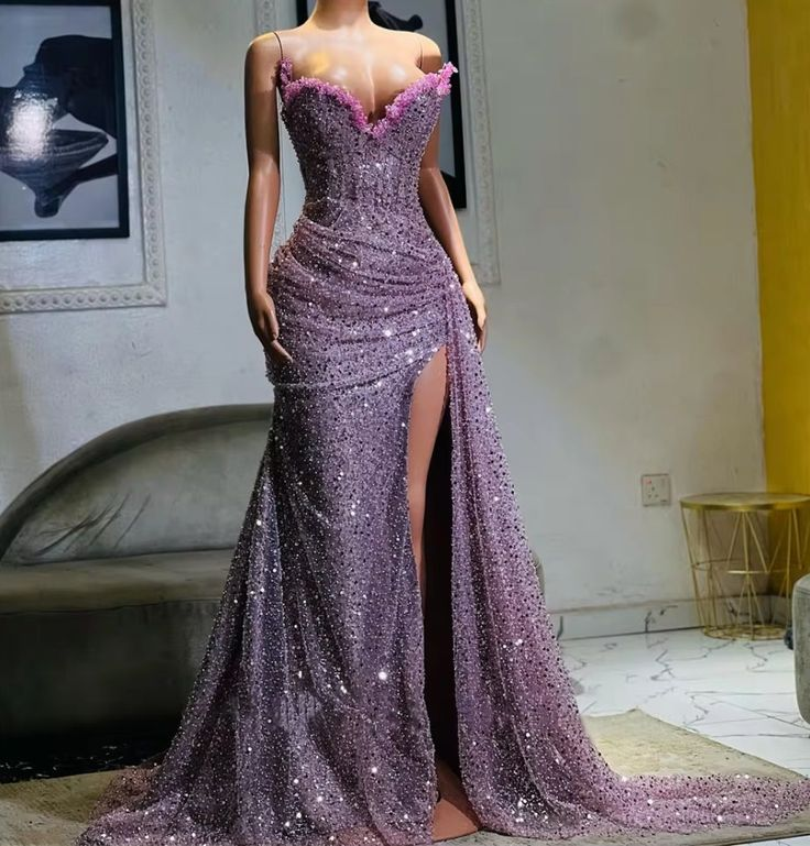 Purple High Split Evening Dresses Sequin Mermaid Prom Dresses J8307