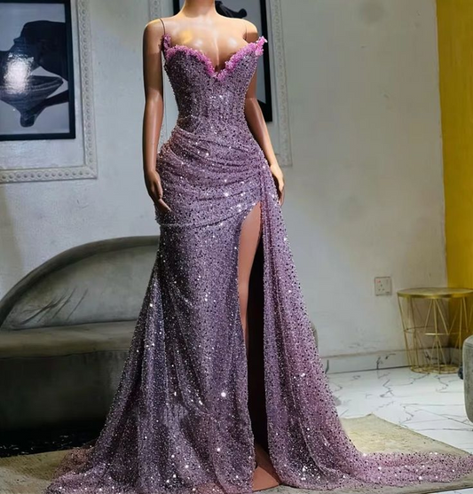 Robe de soirée sirène violette fendue et sequins J8307
