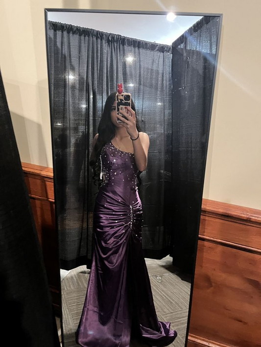 Purple Mermaid One Shoulder Beaded Satin Long Formal Prom Dress Evening Dress J8238