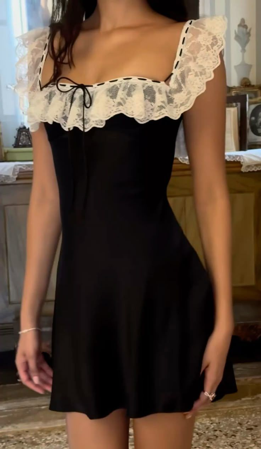 Schwarzes kurzes Ballkleid aus Spitze für die Heimkehr, kurzes Partykleid J7606