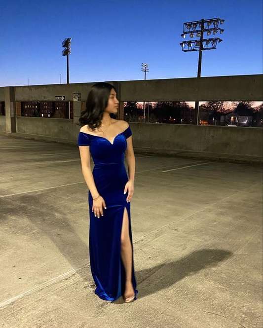 Sexy Mermaid Off The Shoulder Royal Blue Velvet Slit Long Prom Dress J8236