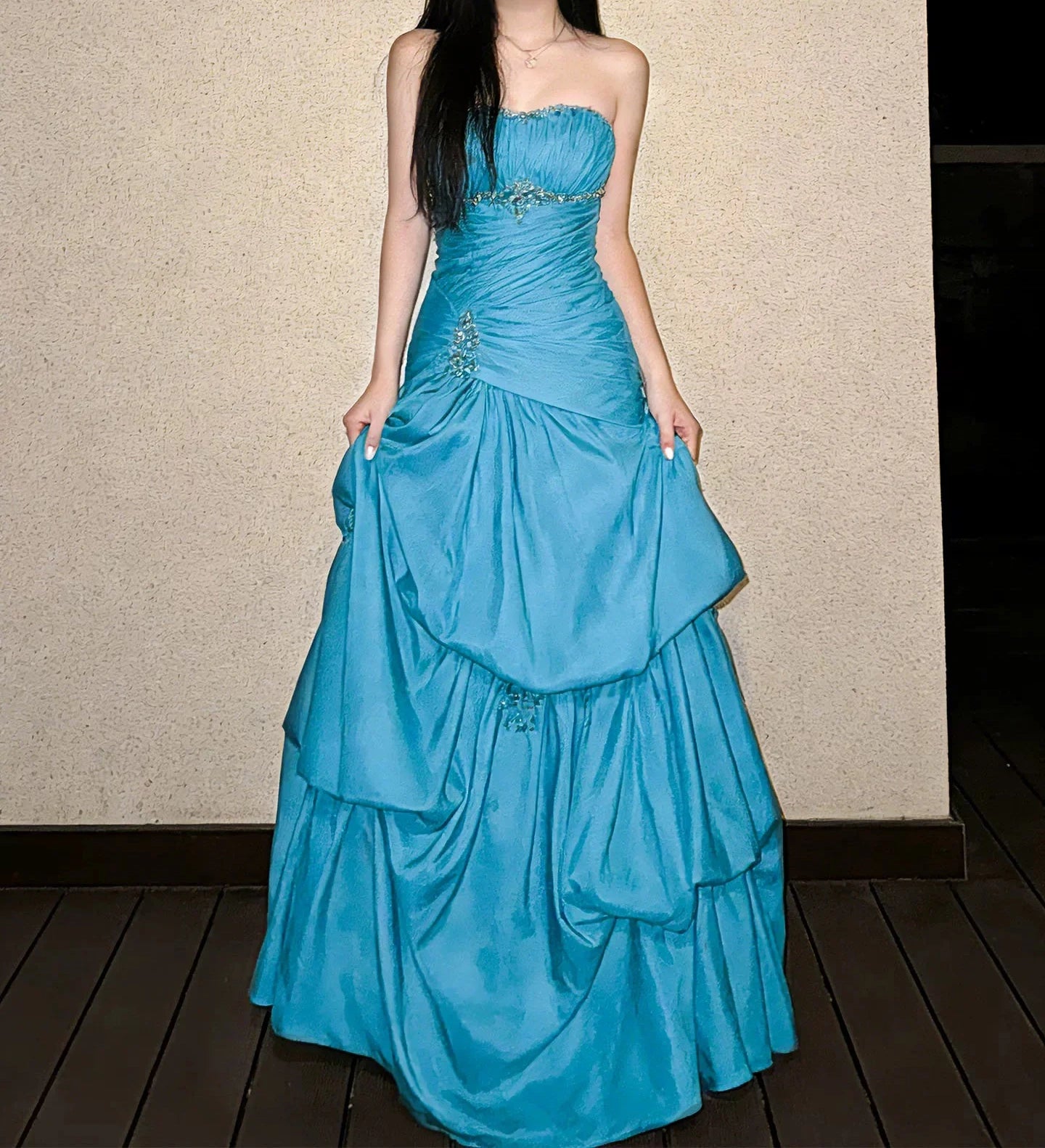 Trägerloses silbernes Vintage-Abendkleid, A-Linie, Geburtstagskleid J9370