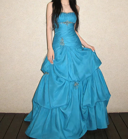 Trägerloses silbernes Vintage-Abendkleid, A-Linie, Geburtstagskleid J9370