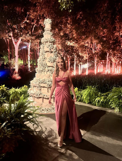 Robe fourreau rose pour invité de mariage avec fente, robe de soirée formelle J7654