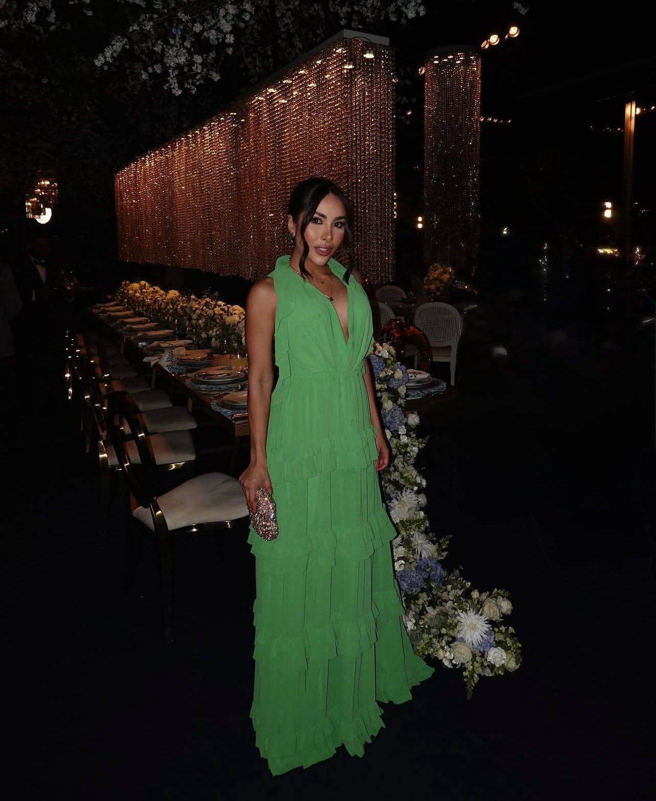 Neckholder-Kleid für Hochzeitsgäste in Grün mit Rüschen, formelles Partykleid J7084