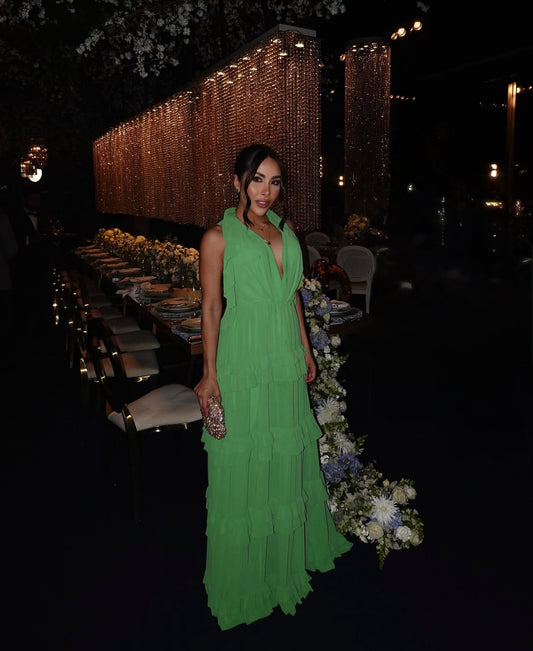 Neckholder-Kleid für Hochzeitsgäste in Grün mit Rüschen, formelles Partykleid J7084