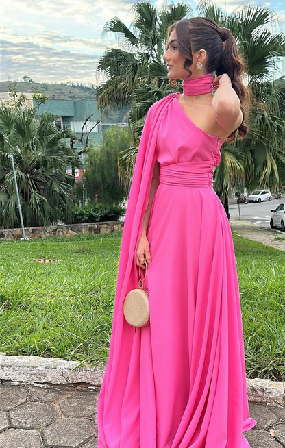 Robe de soirée rose vif asymétrique pour invité de mariage J7203