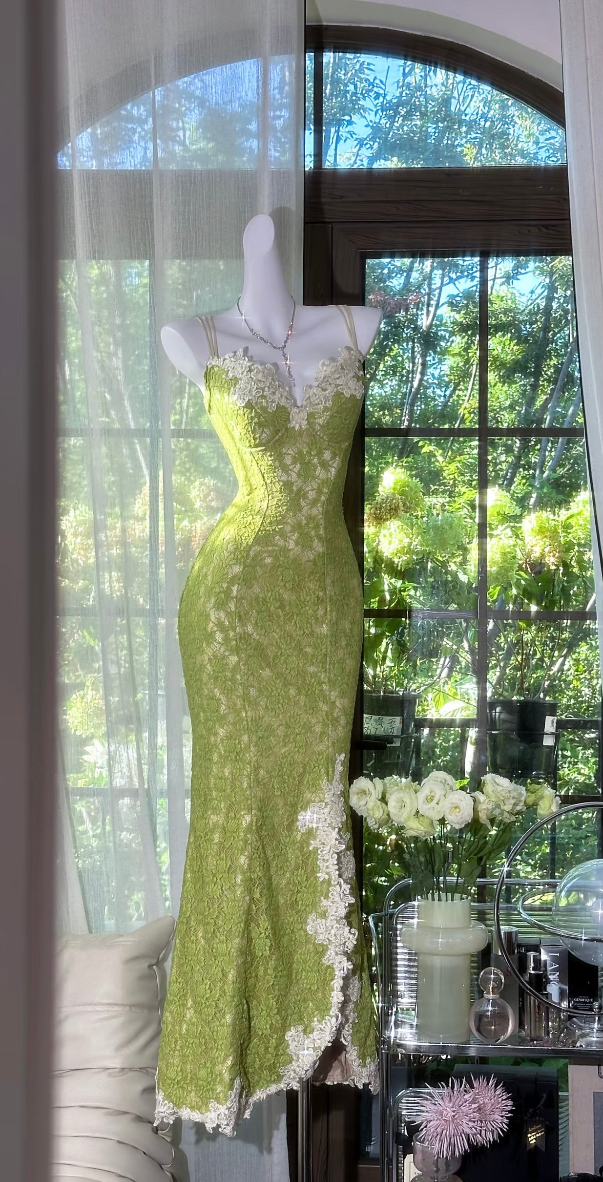 Mermaid Green Lace Long Prom Dress Vintage Formal Party Gown J8410