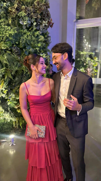 Rosa Etuikleid, lang, mit Seitenschlitz, Satin, formelles Kleid J8820