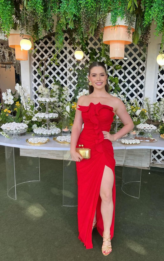 Strapless Sheath Red Long Prom Dress Ruffle Wedding Guest Dress J8007