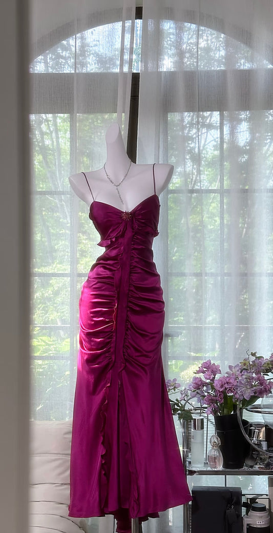 Spaghettiträger Fuchsia Vintage Kleid Formales Ballkleid J7657