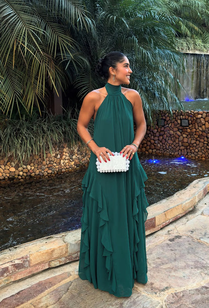 Halter A Line Green Long Evening Dress Ruffle Chiffon Prom Dress J8031