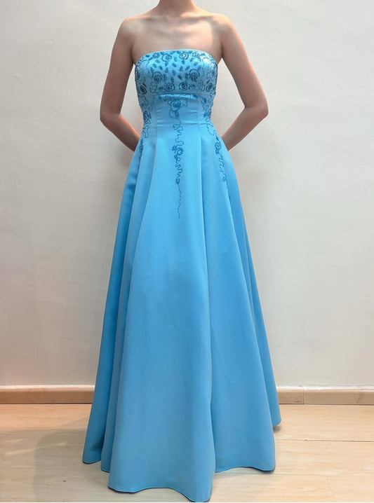 Strapless A Line Blue Long Prom Dress Beaded Vintage Dress J8554