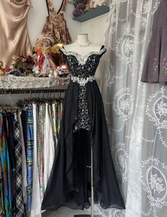 Schulterfreies Spitzen-Abendkleid aus Chiffon, langes Partykleid J8453