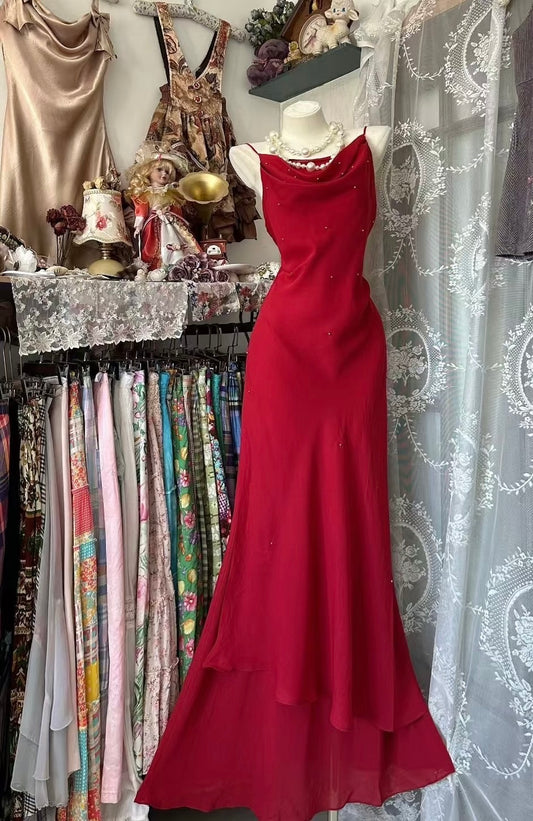 Spaghettiträger Rot Langes Ballkleid Formales Abendkleid Partykleid J8483