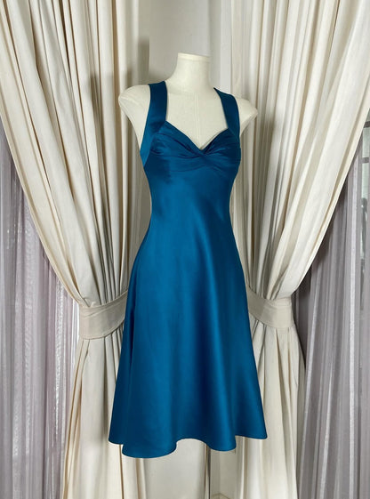 A Line Blue Satin Homecoming Dress Formal Party Gown J8542