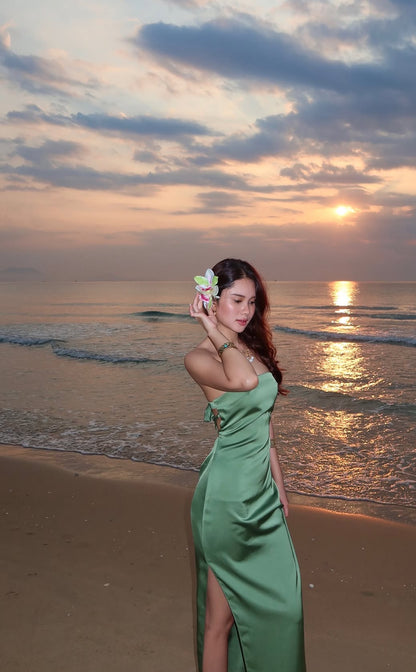 Green Sheath Satin Prom Dress Backless Evening Party Dress J7072