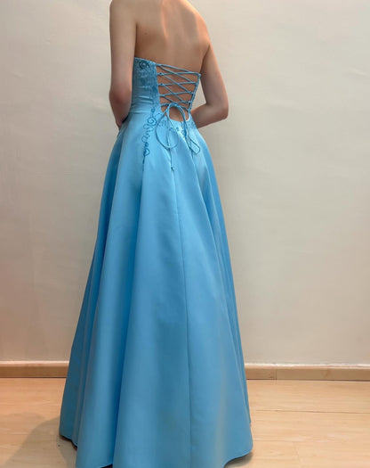 Strapless A Line Blue Long Prom Dress Beaded Vintage Dress J8554