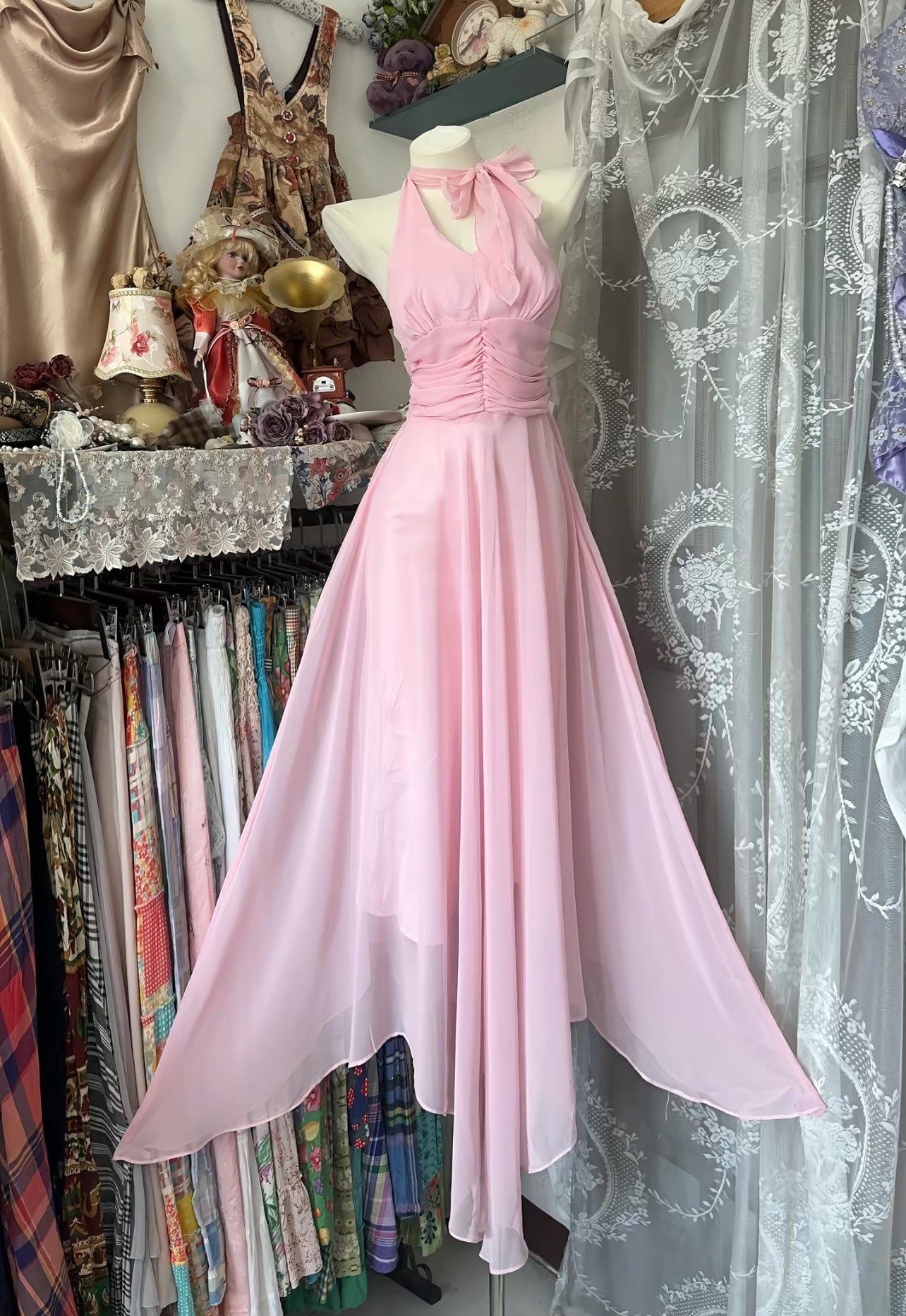 Halter Pink A Line Long Prom Dress Chiffon Party Dress J8518