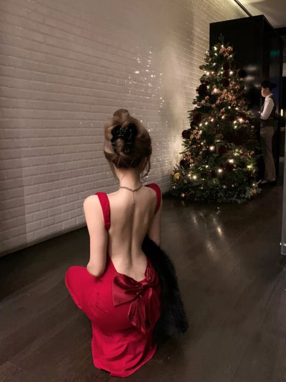 Robe d'anniversaire rouge dos nu, robe longue sexy J7302