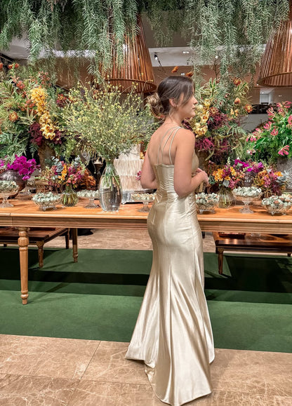 Robe de bal longue sirène champagne asymétrique, robe d'invitée de mariage J7956