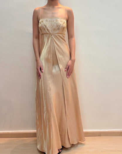 Spaghetti Straps Champagne Long Prom Dress Beaded Evening Dress J8590